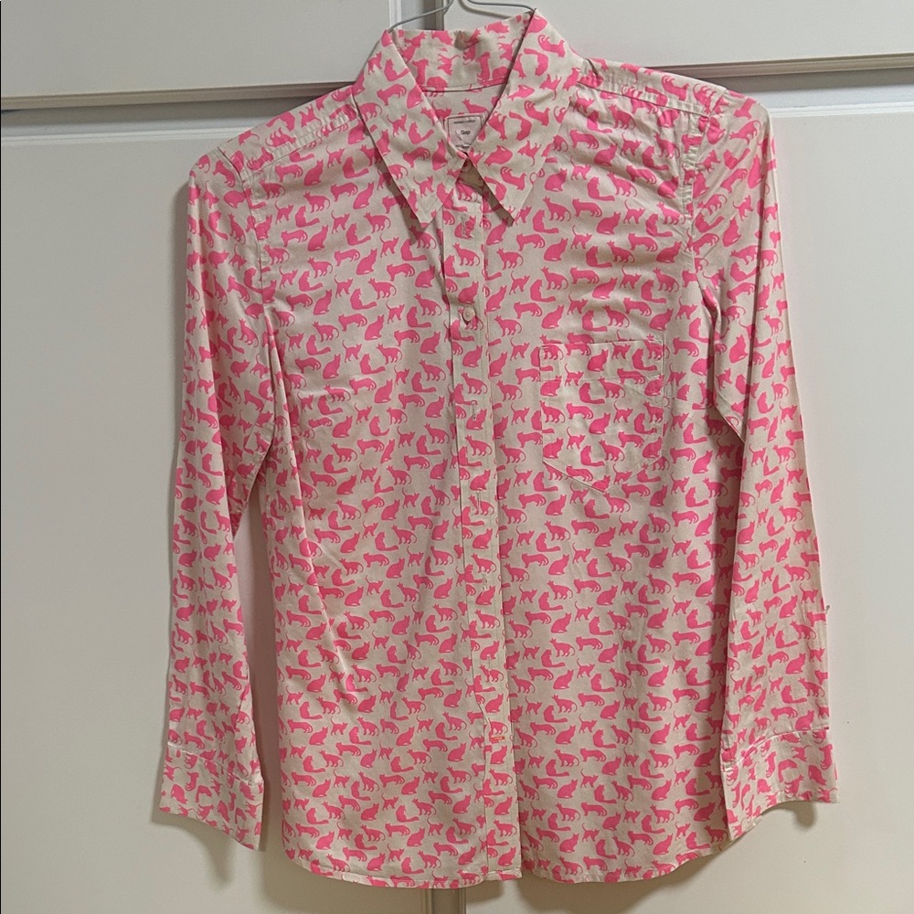GAP Neon Pink and White Cat Print Cotton Women's Top XS Boyfriend Fit - Picture 1 of 1